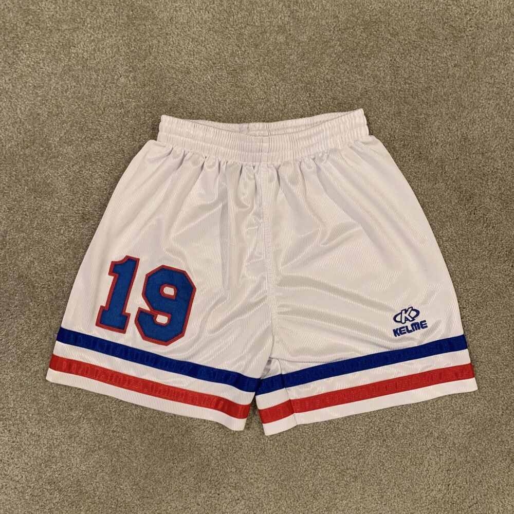 Vtg 90s KELME Futbol Mens Small Polyester Soccer Shorts White Blue Red Stripes